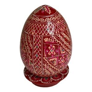 Vintage Hand Painted Red Wooden Egg on Stand Home Decor Ukrainian Polish Pysanka